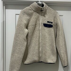 Beige Sherpa Zip-Up Jacket with Navy Accents unisex Medium